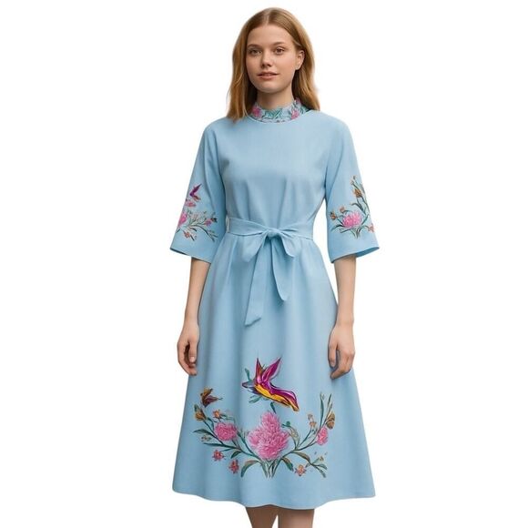 Fanm Mon Asia Embroidered Maxi Dress Size Medium/Blue - Picture 1 of 5